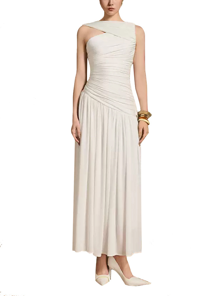 Sleeveless long summer niche white crimp slim dress for women