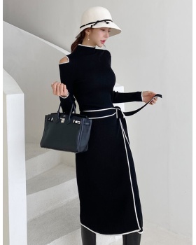 Winter high collar Korean style frenum thick strapless dress