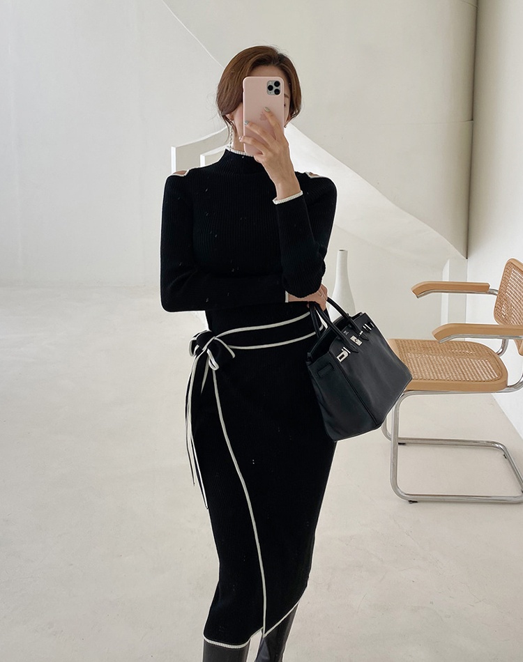 Winter high collar Korean style frenum thick strapless dress