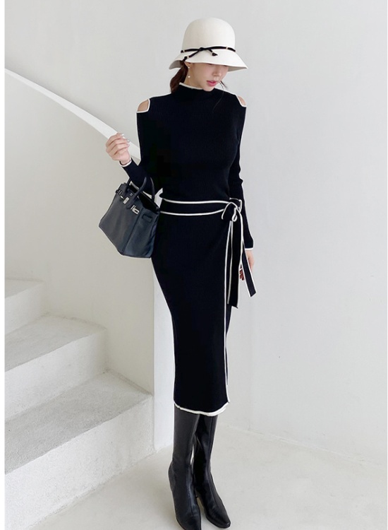 Winter high collar Korean style frenum thick strapless dress