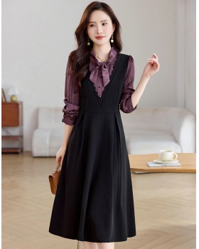 Pseudo-two temperament pinched waist dress for women