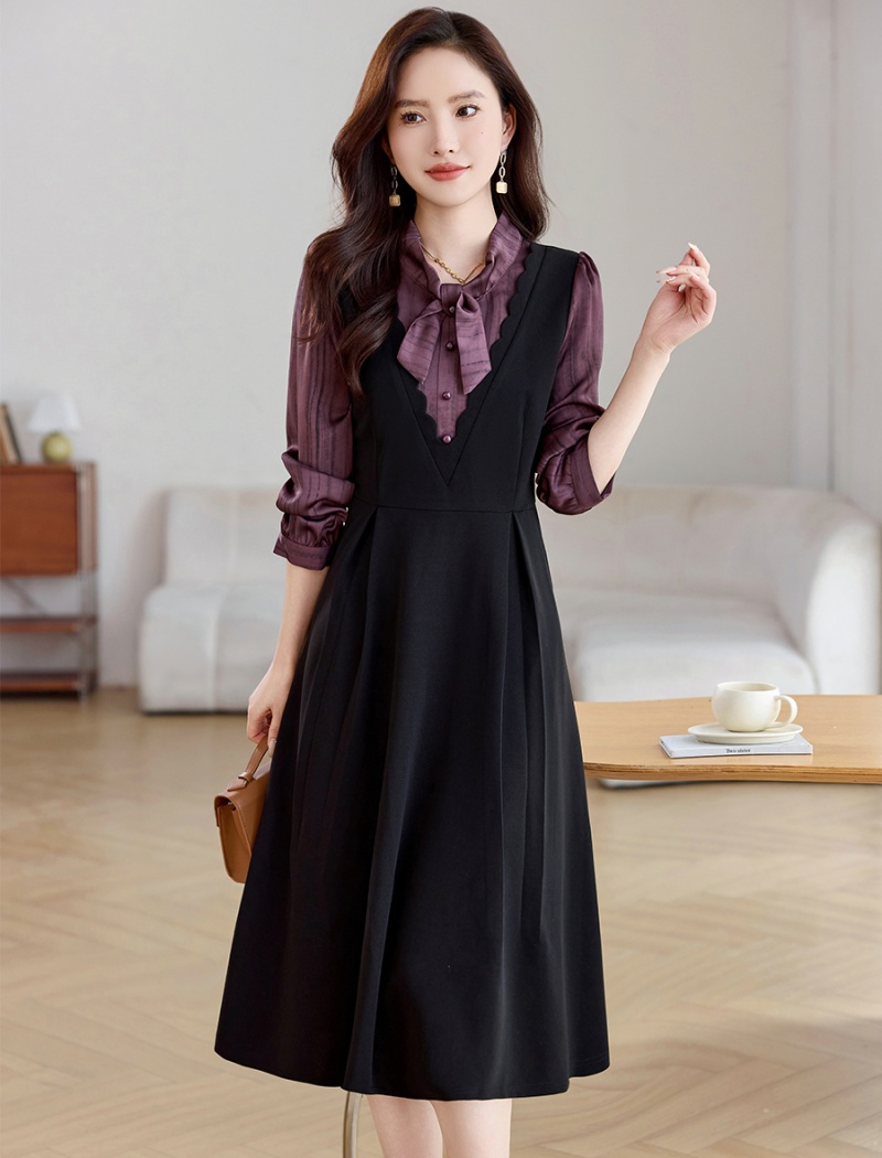 Pseudo-two temperament pinched waist dress for women