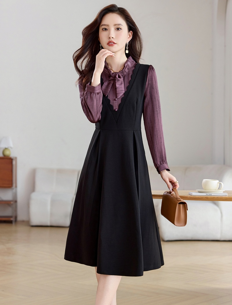 Pseudo-two temperament pinched waist dress for women