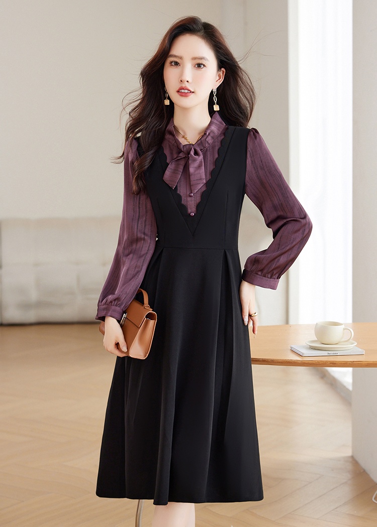 Pseudo-two temperament pinched waist dress for women