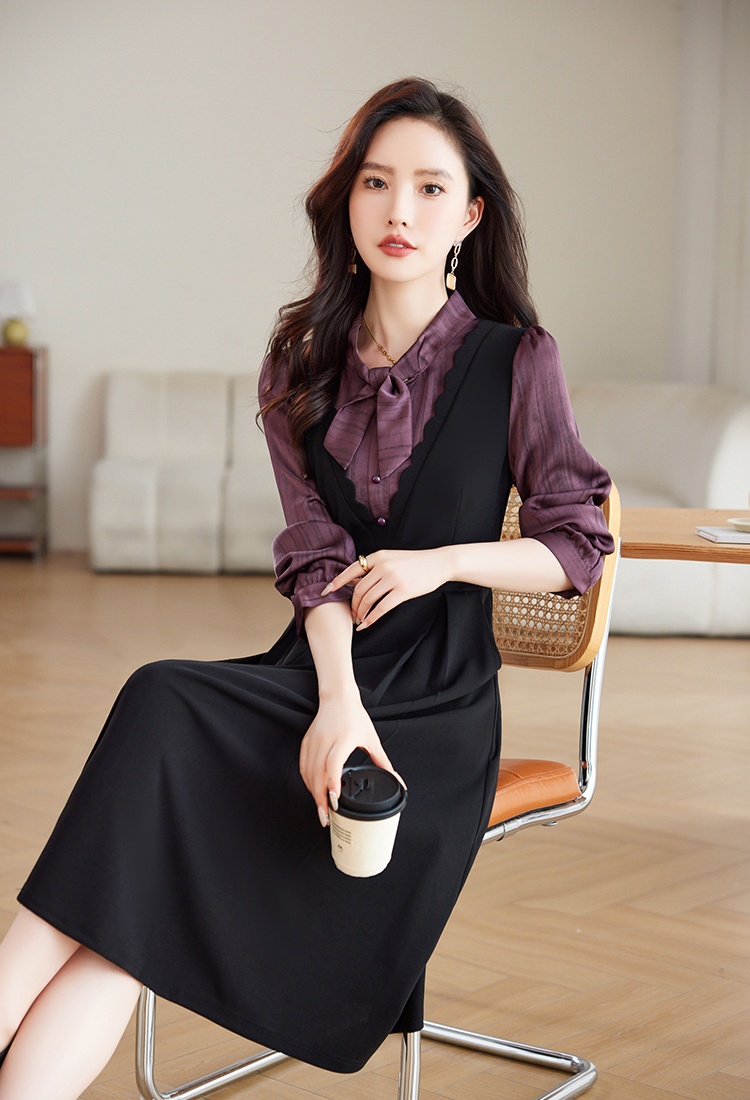 Pseudo-two temperament pinched waist dress for women