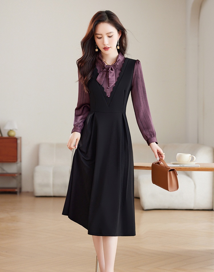 Pseudo-two temperament pinched waist dress for women