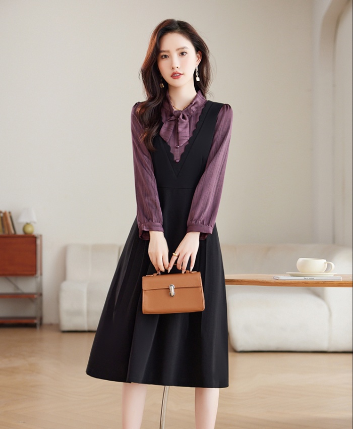 Pseudo-two temperament pinched waist dress for women