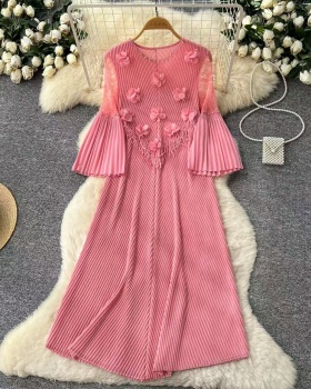 Trumpet sleeves lace flowers dress for women