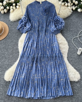 Flowers loose slim formal dress printing fold lantern sleeve dress