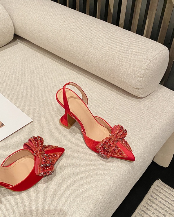 Pointed rhinestone high-heeled banquet bow sexy sandals
