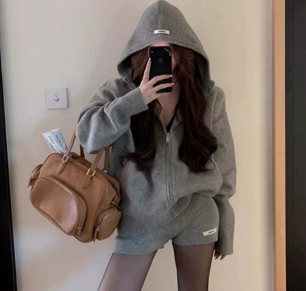 Hooded Casual Korean style gray shorts 2pcs set for women