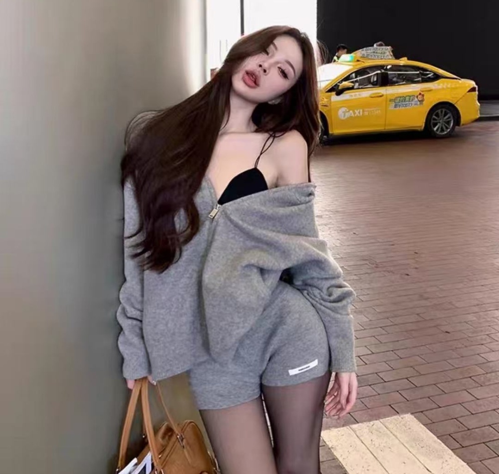 Hooded Casual Korean style gray shorts 2pcs set for women