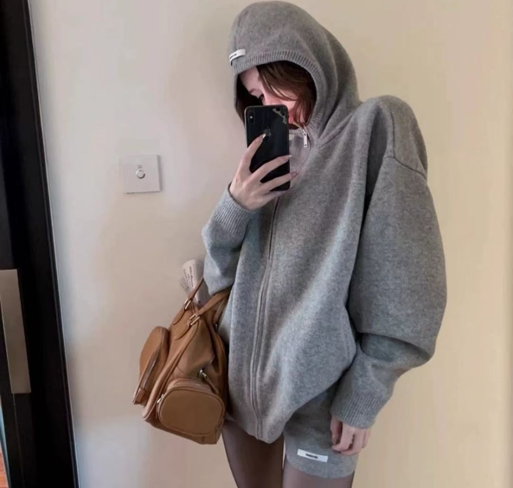 Hooded Casual Korean style gray shorts 2pcs set for women