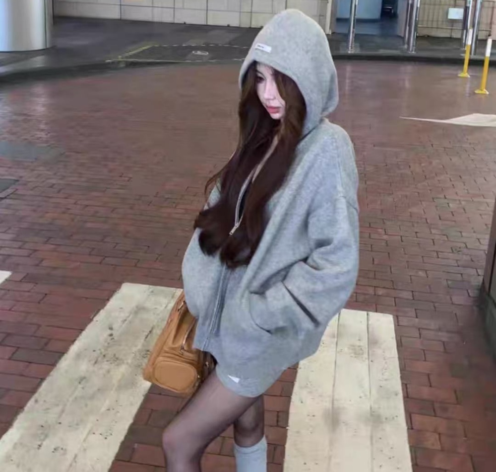 Hooded Casual Korean style gray shorts 2pcs set for women