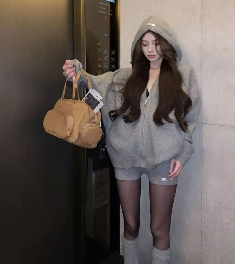 Hooded Casual Korean style gray shorts 2pcs set for women