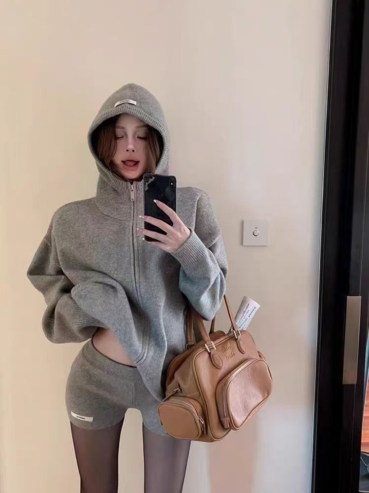 Hooded Casual Korean style gray shorts 2pcs set for women
