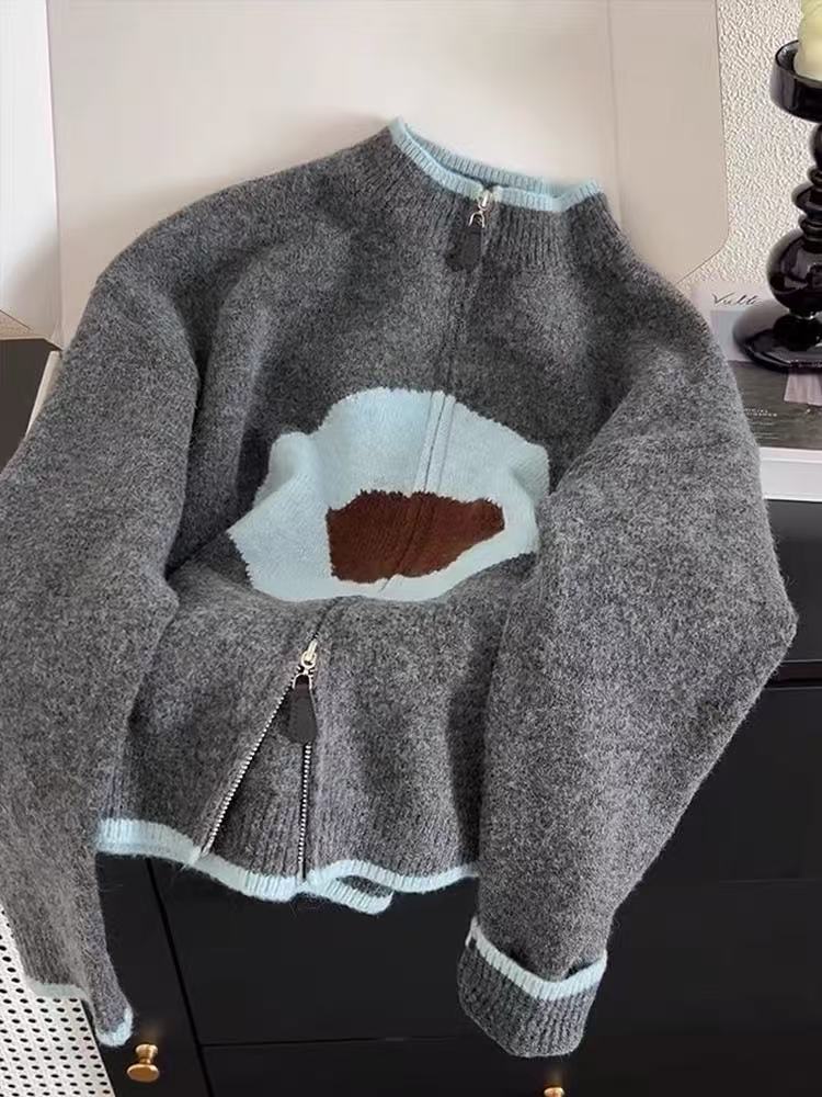 Knitted autumn and winter coat zip flowers sweater