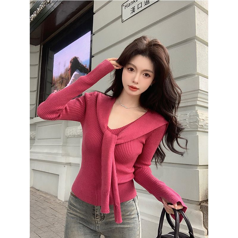 Korean style sweet style tops V-neck bottoming shirt for women