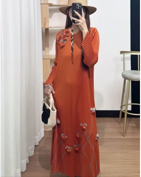 Fold autumn belt European style printing long dress