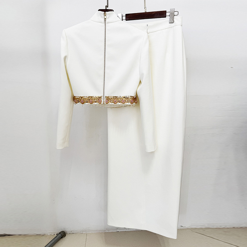 Fashion short tops beading long skirt 2pcs set