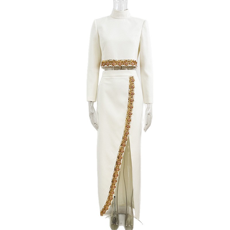 Fashion short tops beading long skirt 2pcs set