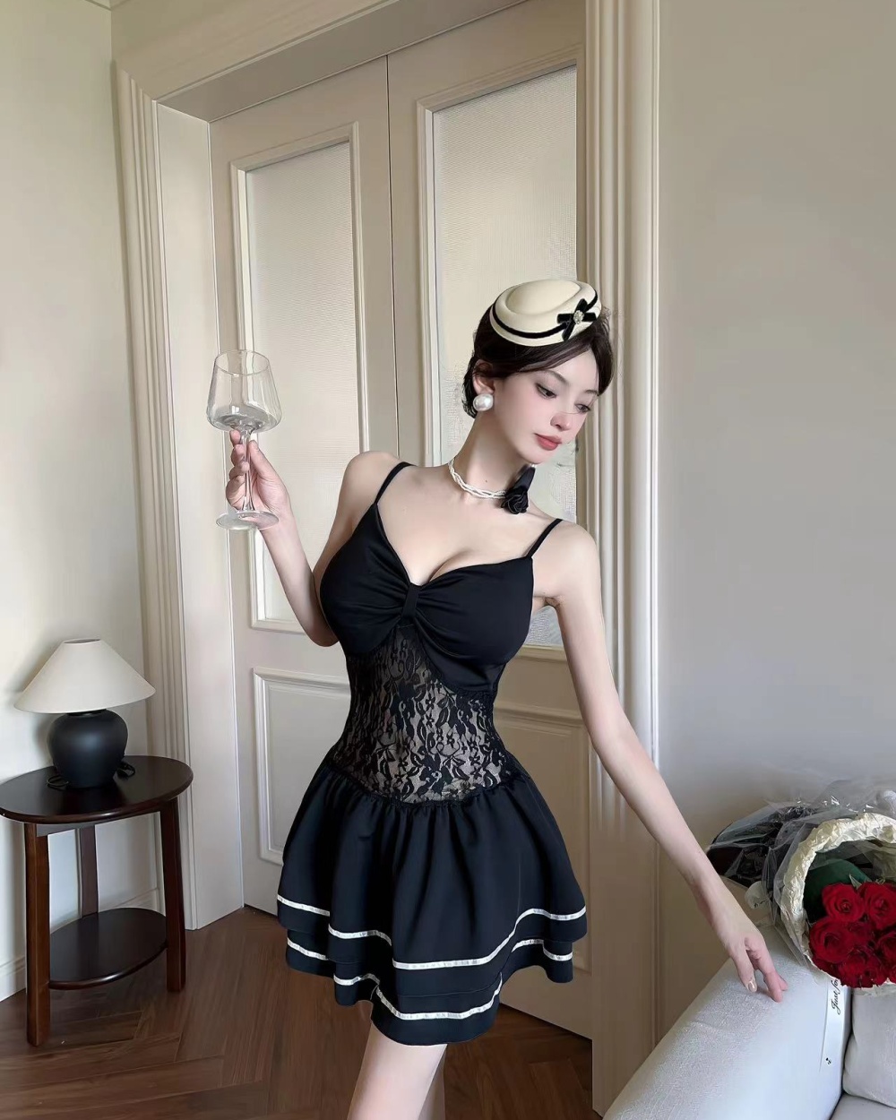 Lace sexy sling bottoming package hip splice dress