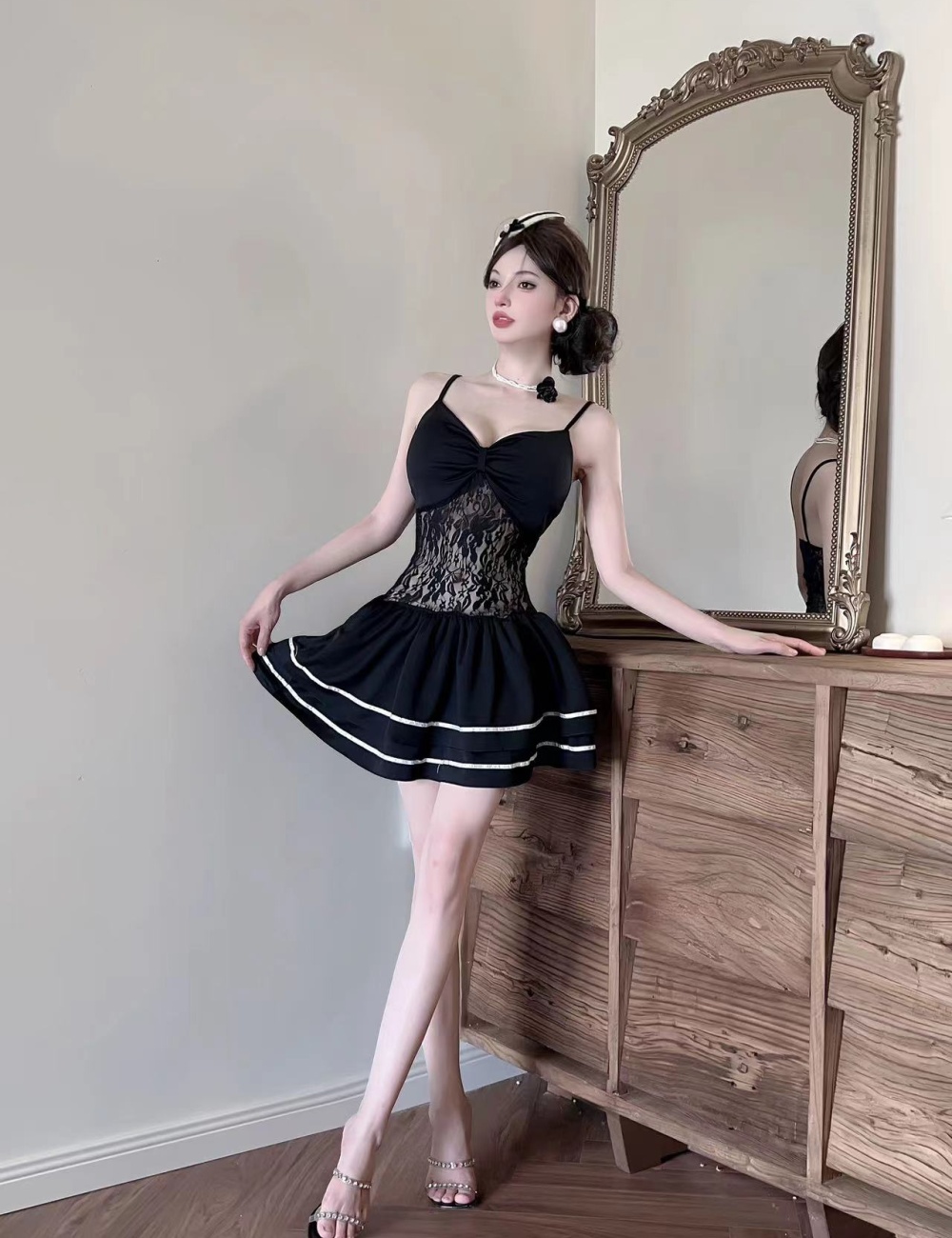 Lace sexy sling bottoming package hip splice dress