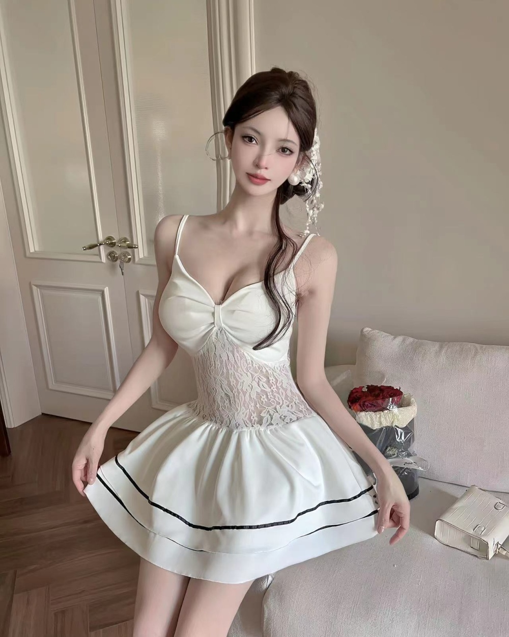 Lace sexy sling bottoming package hip splice dress