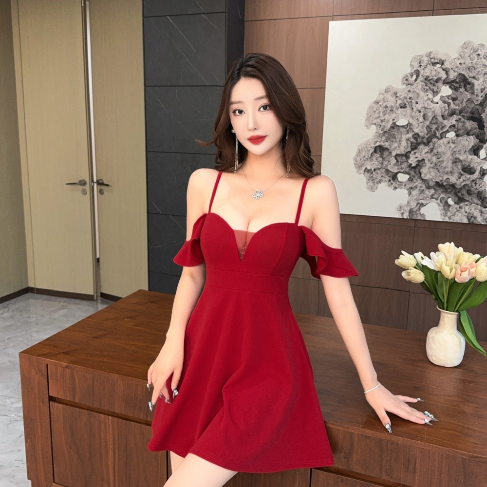Sexy sling low-cut A-line temperament slim Cover belly dress