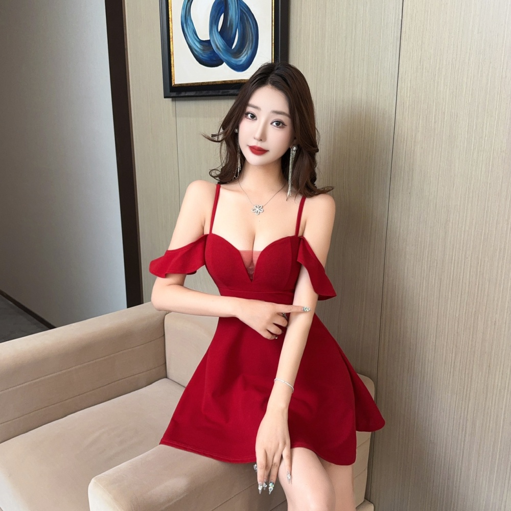 Sexy sling low-cut A-line temperament slim Cover belly dress
