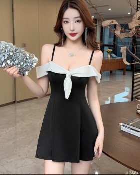 Big skirt splice mixed colors pinched waist sling dress