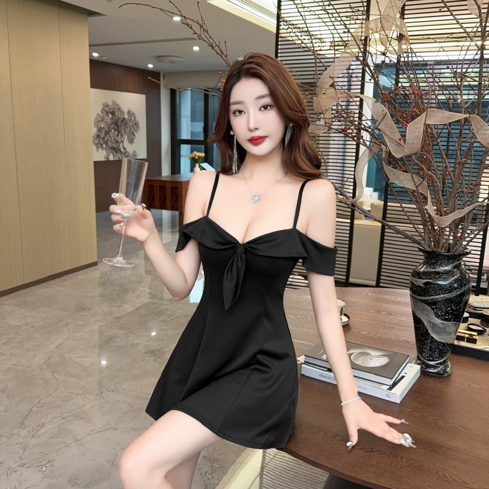 Big skirt splice mixed colors pinched waist sling dress