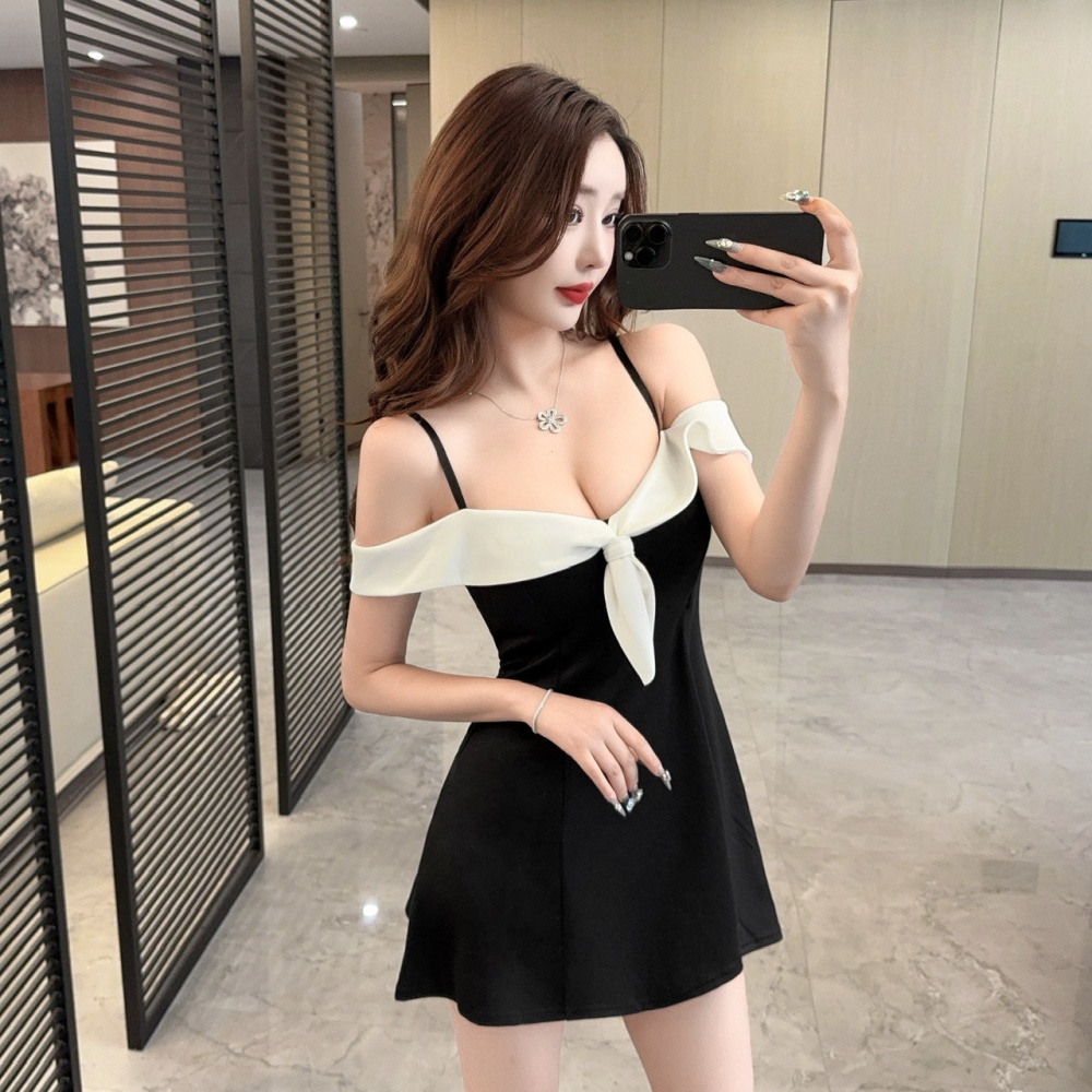 Big skirt splice mixed colors pinched waist sling dress