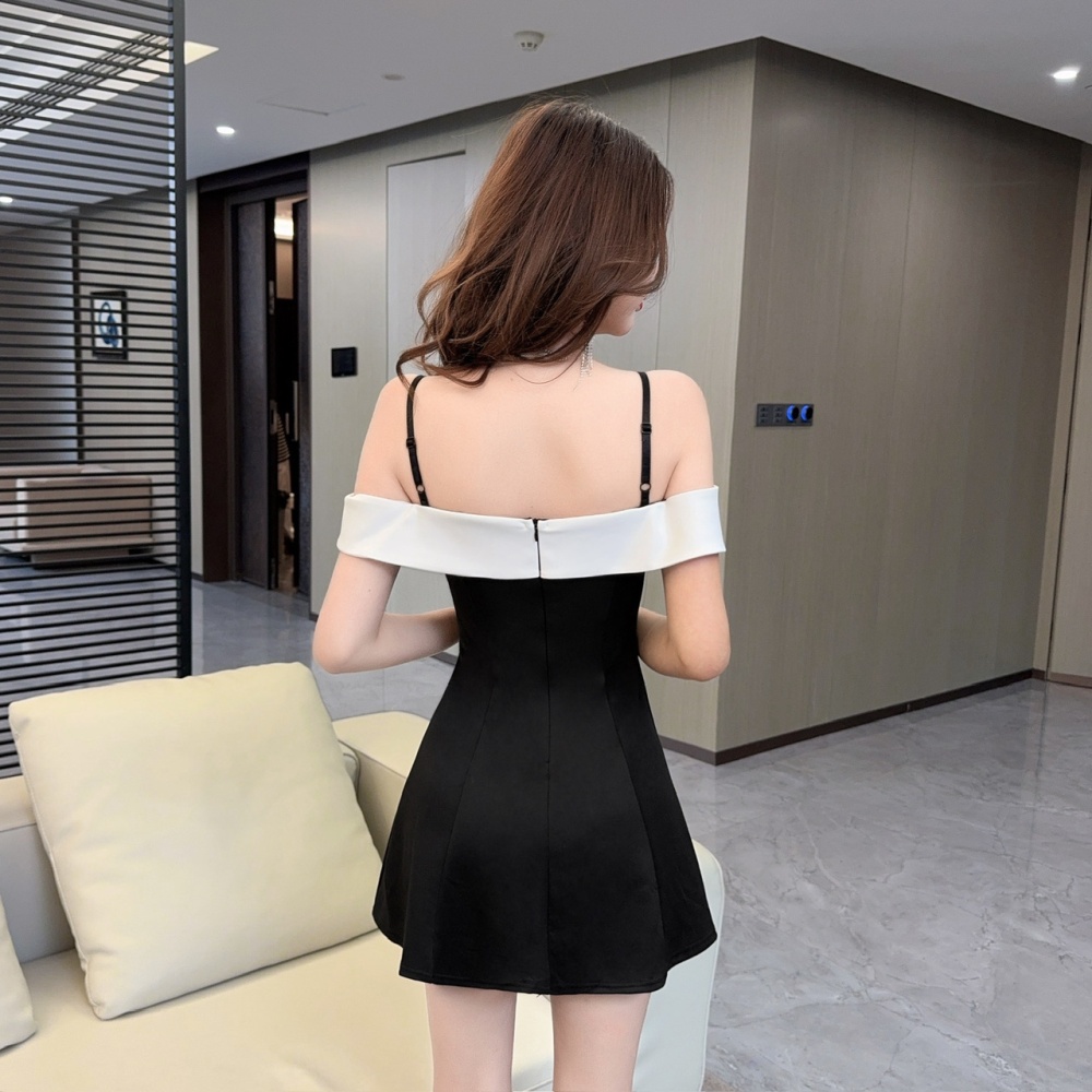 Big skirt splice mixed colors pinched waist sling dress