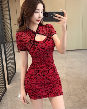 Short package hip dress flocking sexy cheongsam