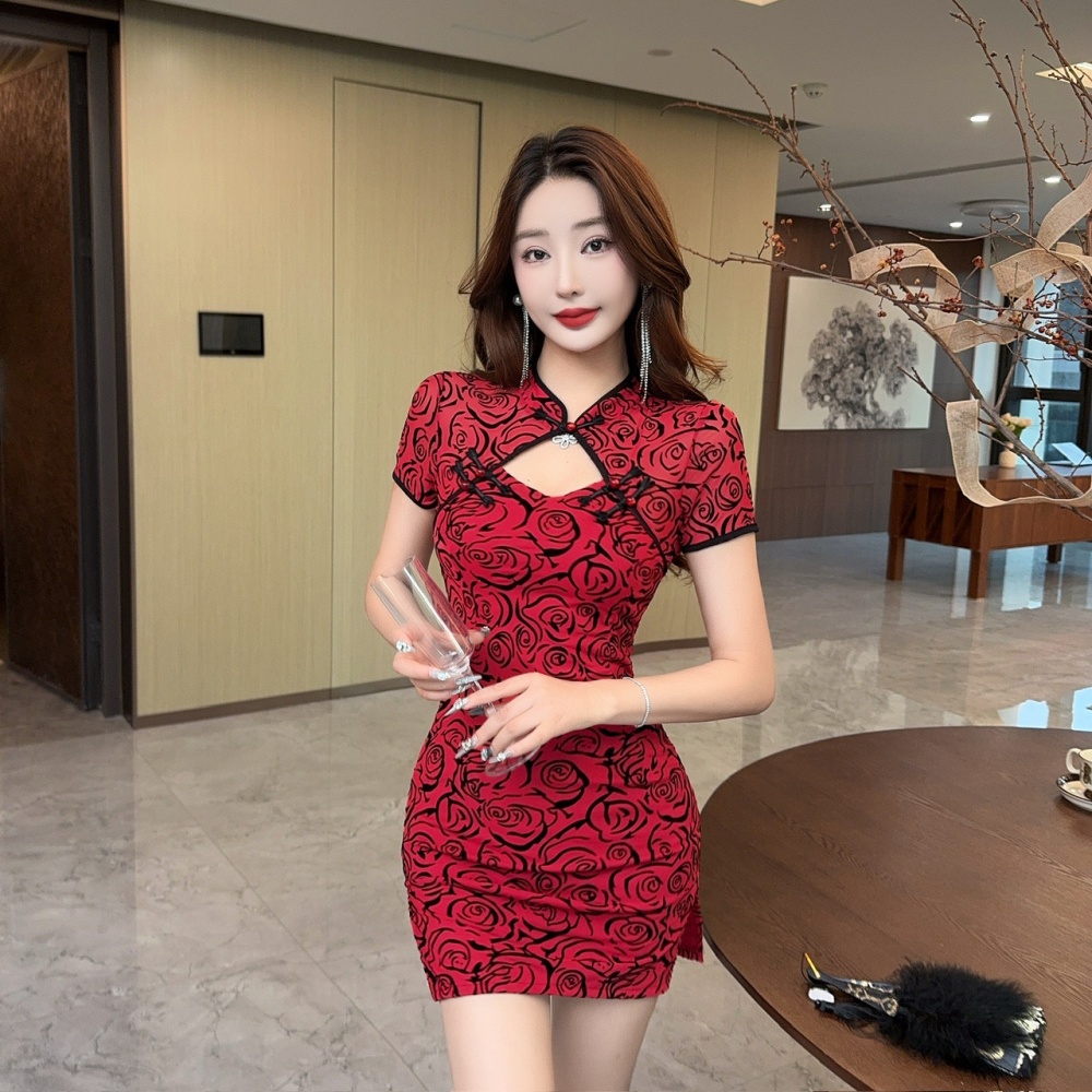 Short package hip dress flocking sexy cheongsam