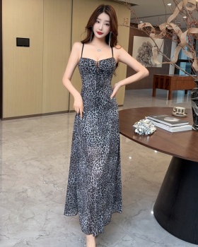 Sling leopard V-neck American style retro dress