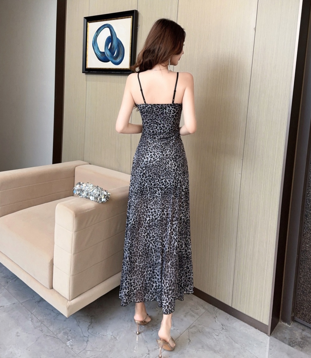 Sling leopard V-neck American style retro dress