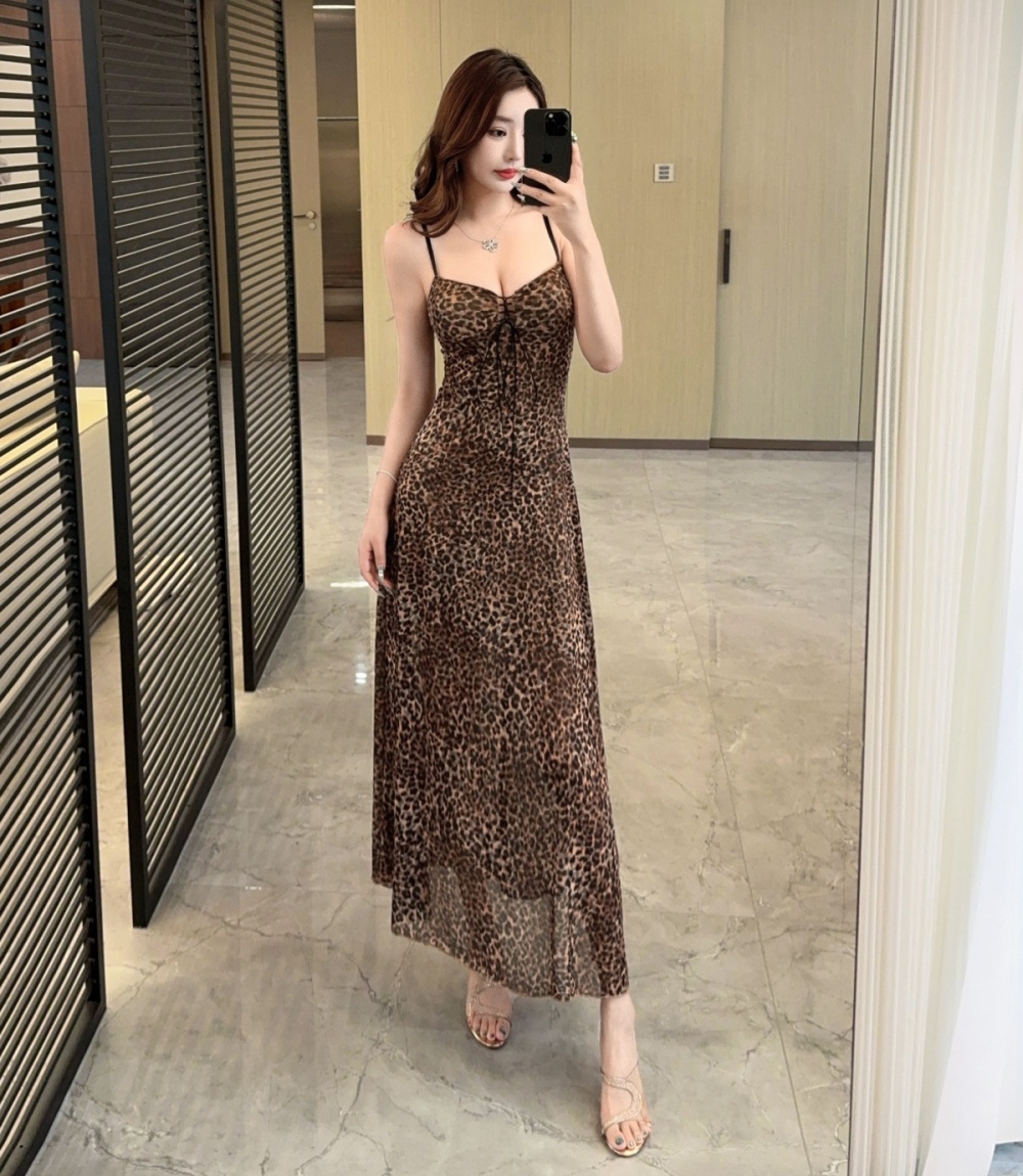 Sling leopard V-neck American style retro dress