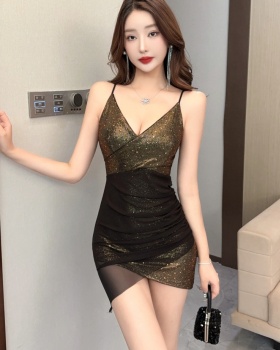 Splice short sexy sling mixed colors bottoming dress