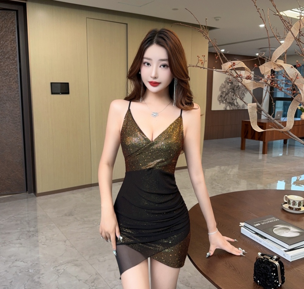 Splice short sexy sling mixed colors bottoming dress