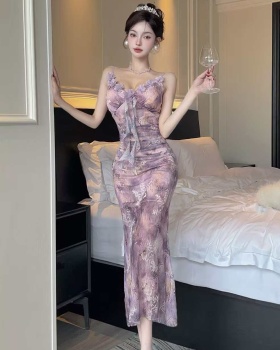 Gauze bottoming sexy sling long printing dress