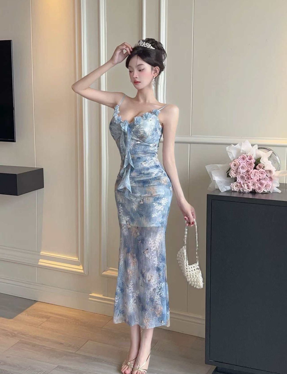 Gauze bottoming sexy sling long printing dress