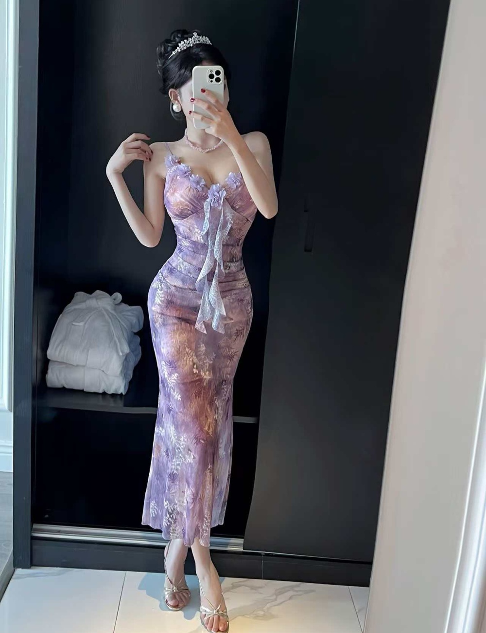 Gauze bottoming sexy sling long printing dress