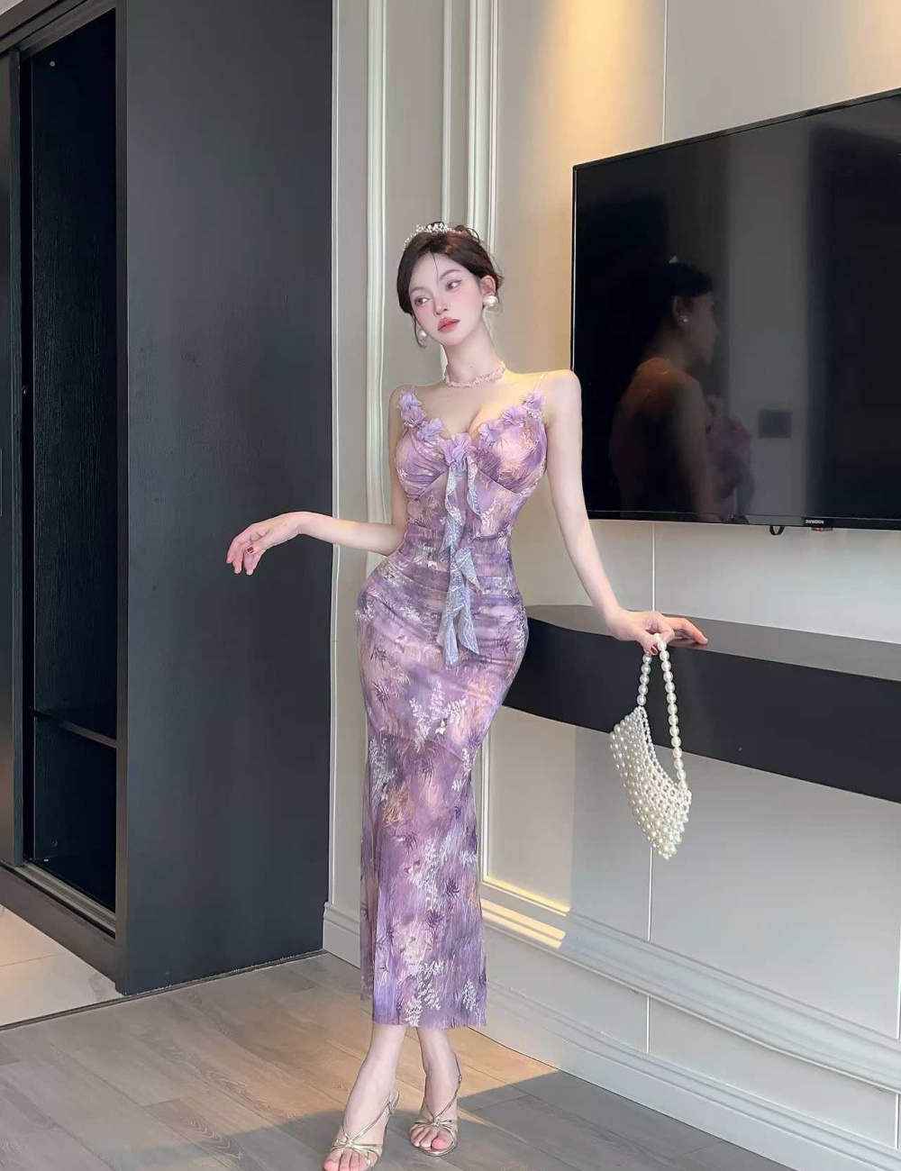 Gauze bottoming sexy sling long printing dress