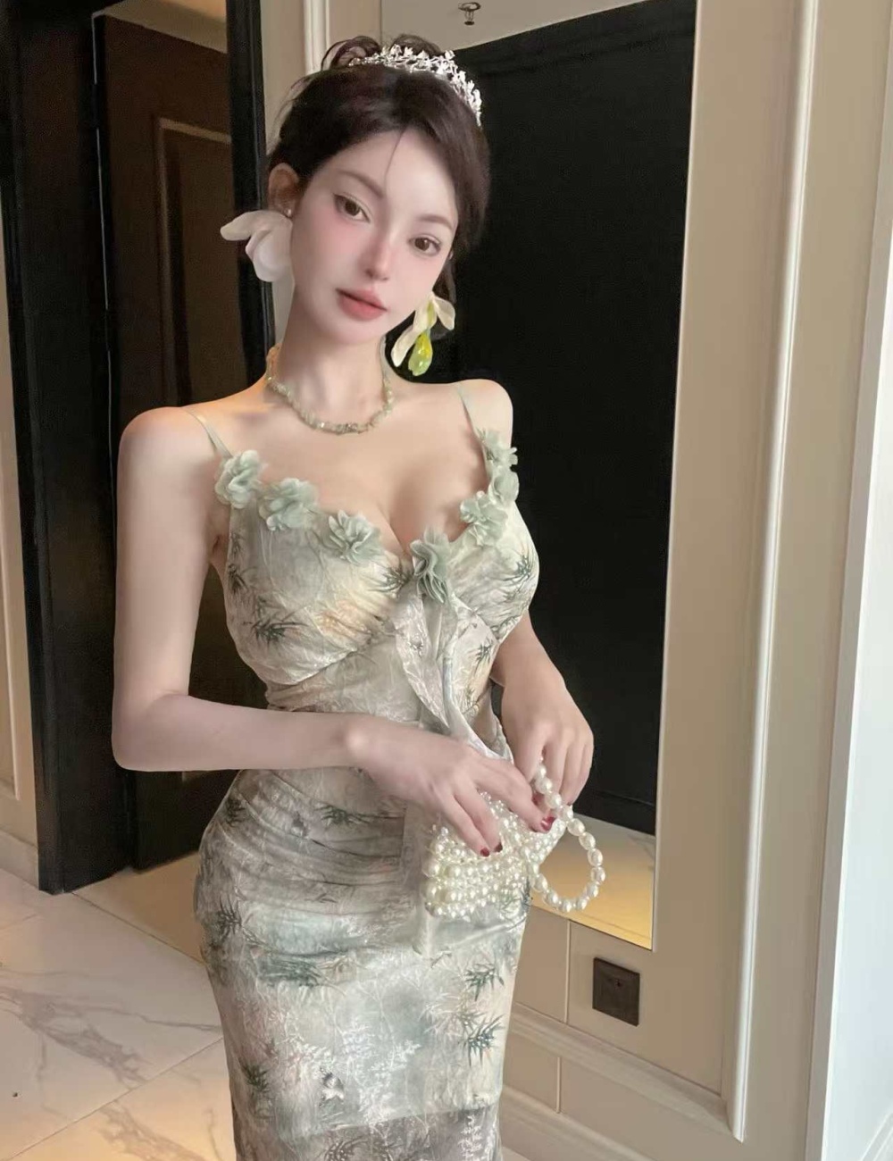 Gauze bottoming sexy sling long printing dress