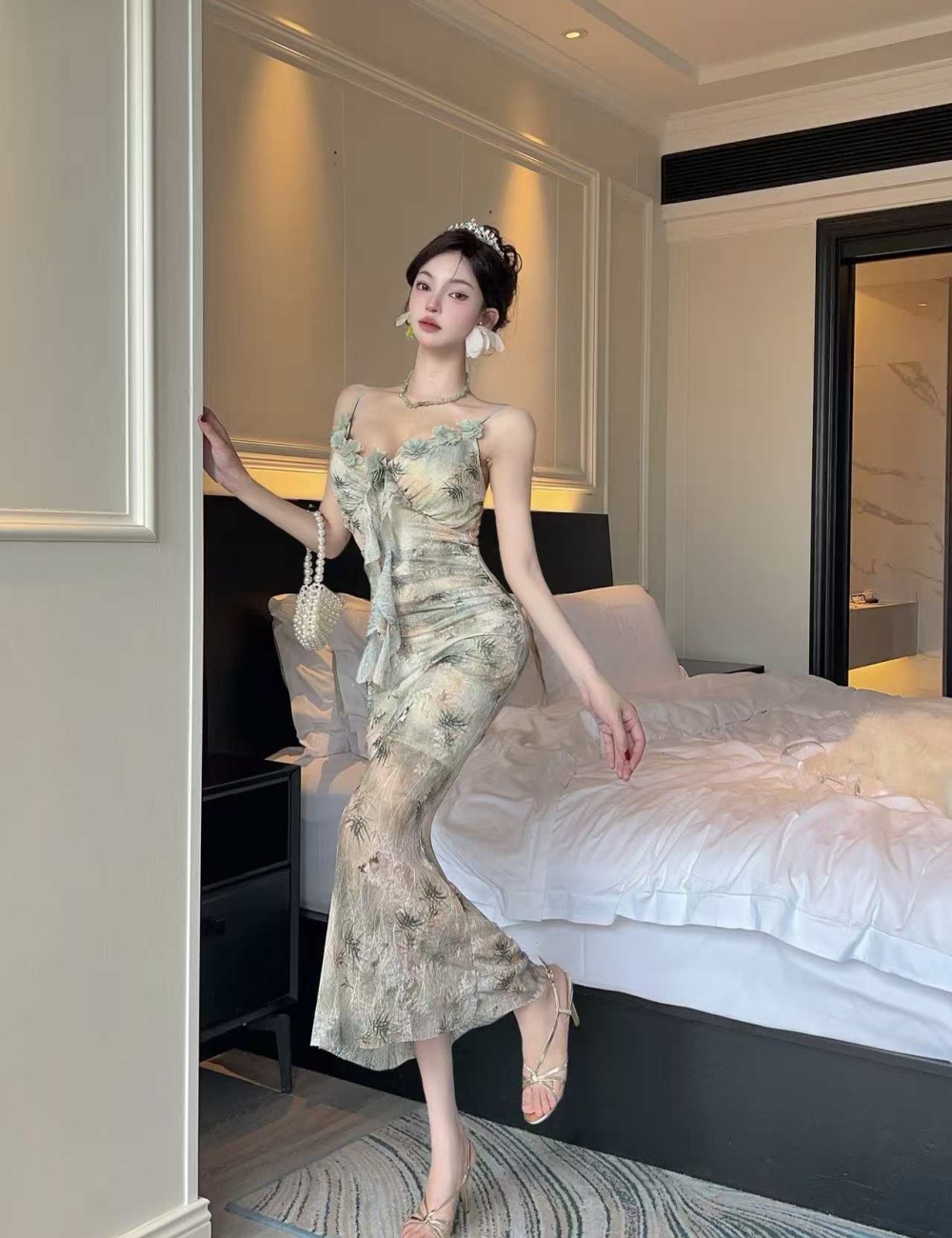 Gauze bottoming sexy sling long printing dress
