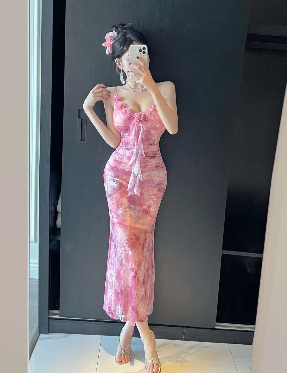 Gauze bottoming sexy sling long printing dress