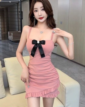 Pinched waist wrapped chest clavicle bow dress
