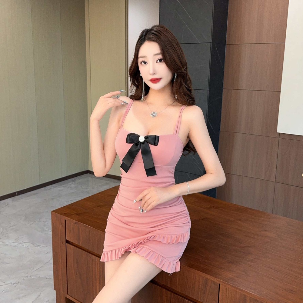 Pinched waist wrapped chest clavicle bow dress